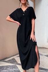 V-Ausschnitt Knopf lockeres Retro langes Kleid